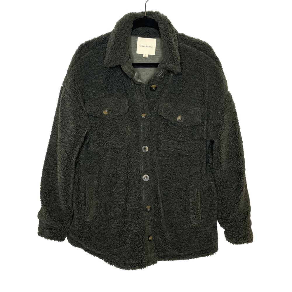 Hem &‎ Thread Medium Sherpa Shacket Dark Olive Green Warm Cozy